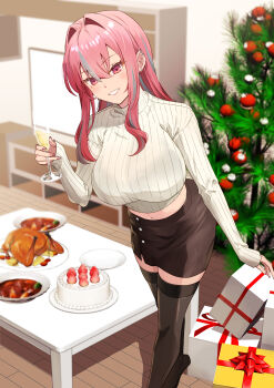 1girl absurdres alternate_costume azur_lane black_skirt black_thighhighs box bra_visible_through_clothes breasts bremerton_(azur_lane) cake chicken_(food) christmas christmas_ornaments christmas_tree food fruit gift gift_box grey_sweater hair_down highres kento_(kentdrawing) large_breasts long_sleeves multicolored_hair navel pink_eyes see-through_clothes skirt smile solo strawberry streaked_hair sweater thighhighs turtleneck turtleneck_sweater