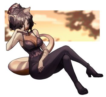 1girl animal_ears animal_nose black_pants black_shirt body_fur breasts cleavage closed_mouth commentary english_commentary full_body furry furry_female highres large_breasts original pants pita-potato shirt shoes short_hair smile snout solo tail