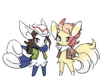 1boy 1girl alternate_color blue_eyes brown_hair brown_jacket closed_mouth clothed_pokemon furrification furry gen_6_pokemon green_jacket harmony_(pokemon) hat jacket long_sleeves meowstic meowstic_(female) meowstic_(male) nintendo open_clothes open_jacket pokemon pokemon_(creature) pokemon_focus pokemon_legends:_z-a shiny_pokemon sidelocks simple_background standing urbain_(pokemon) white_background white_hat xlii_idk