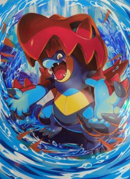 alligator blue_claws blue_skin colored_skin commentary crocodilian fangs feraligatr fins gen_2_pokemon gunjima_souichirou head_fins hood hood_down mega_feraligatr mega_pokemon nintendo no_humans official_art open_mouth pokemon pokemon_(creature) pokemon_focus pokemon_tcg sharp_teeth skin_fangs spikes spines symbol-only_commentary teeth third-party_source yellow_eyes