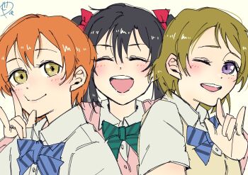 Rule 34 | 3girls, \m/, black hair, blue bow, blue bowtie, bow, bowtie, closed eyes, collared shirt, commentary request, green bow, green bowtie, highres, hoshizora rin, koizumi hanayo, love live!, love live! school idol project, multiple girls, one eye closed, open mouth, orange hair, otonokizaka school uniform, pink sweater, purple eyes, school uniform, shirt, short hair, smile, surfacedxxc, sweater, sweater vest, twintails, upper body, white shirt, yazawa nico, yellow background, yellow eyes, yellow sweater vest