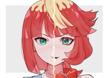 1girl ahoge alternate_hairstyle black_lips blonde_hair collar commentary_request eyelashes freckles green_eyes lipstick makeup mela_(pokemon) mizuiro123 multicolored_hair nintendo official_alternate_hairstyle pokemon pokemon_sv red_hair short_hair split_screen split_theme team_star two-tone_hair