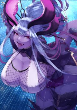 absurdres armor blue_hair breasts cleavage colored_skin dragon_girl dragon_horns fangs fate/grand_order fate_(series) fishnets gumi_(the_eye_of_darkness) hair_bun highres horns huge_breasts ibuki_douji_(fate) ibuki_douji_(swimsuit_berserker)_(fate) ibuki_douji_(swimsuit_berserker)_(third_ascension)_(fate) lips long_hair oni open_mouth outstretched_arms purple_skin red_eyes tail