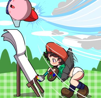 1boy 1girl adeleine alien ass beret beshameru_(masumaru_ovo) black_hair black_skirt black_socks blush blush_stickers brown_shoes cloud colored_skin copy_ability easel flying goggles grass green_sweater hat highres holding holding_paint_palette holding_paintbrush jet_kirby jetpack kirby kirby_(series) kirby_64 leaning_forward loli long_sleeves nintendo open_mouth paint_palette paintbrush panties pink_skin purple_eyes red_hat shoes short_hair skirt sky smile socks standing surprised sweater underwear white_panties wind wind_lift