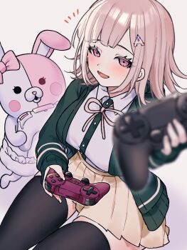 1girl :d blush bow breasts brown_hair brown_skirt collared_shirt controller danganronpa_(series) danganronpa_2:_goodbye_despair diaper ear_bow flipped_hair game_controller hair_ornament highres holding holding_controller holding_game_controller hood jacket long_sleeves looking_at_viewer medium_hair monomi_(danganronpa) nanami_chiaki neck_ribbon open_clothes open_jacket open_mouth pink_bow pink_eyes pink_ribbon playstation_controller pleated_skirt ribbon shirt skirt smile thighhighs two-tone_shirt wata_wa_wata white_shirt