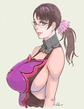 Rule 34 | 1girl, a ichiro, artist name, bare shoulders, breasts, brown hair, cattleya (queen's blade), commentary request, cropped torso, glasses, green eyes, hair ornament, large breasts, long hair, looking at viewer, mature female, queen's blade, signature, sleeveless, smile, solo, weapon merchant cattleya