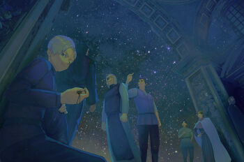 1girl 6+boys albert_brudzewski_(chi.) arms_at_sides beard black_shirt cape character_request chi.:_chikyuu_no_undou_ni_tsuite closed_mouth draka_(chi.) eyepatch facial_hair from_below highres holding hubert_(chi.) index_finger_raised long_sleeves looking_at_viewer multiple_boys night oczy outdoors rafal_(chi.) robe scar scar_on_face scar_on_mouth shirt sky star_(sky) star_(symbol) starry_sky yorunue_ro