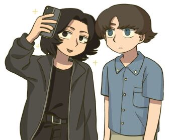 2boys :d adam_lanza arm_at_side arm_up arms_at_sides artist_request bare_arms belt black_belt black_eyes black_hair black_pants black_shirt blue_eyes blue_shirt brown_hair brown_pants buttons closed_mouth collared_jacket collared_shirt cowboy_shot curtained_hair expressionless flipped_hair grey_jacket hair_behind_ear holding holding_phone jacket light_frown long_sleeves looking_at_phone male_focus multiple_boys open_clothes open_jacket open_mouth pants phone pocket puffy_long_sleeves puffy_sleeves real_life salvador_ramos selfie shirt shirt_partially_tucked_in short_hair short_sleeves simple_background smile source_request sparkle standing third-party_source tongue trait_connection very_short_hair white_background wide-eyed