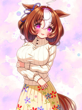 1girl :3 @_@ ahoge animal_ears blush bow breasts brown_hair casual commentary_request cowboy_shot crossed_arms ear_ribbon floral_print floral_print_skirt hair_between_eyes highres horse_ears horse_girl horse_tail large_breasts long_sleeves looking_at_viewer meisho_doto_(umamusume) multicolored_hair official_alternate_costume open_mouth print_skirt purple_eyes purple_ribbon ribbed_sweater ribbon short_hair simple_background skirt smile solo streaked_hair sugimotty_nova sweater tail turtleneck turtleneck_sweater umamusume white_hair white_sweater yellow_skirt