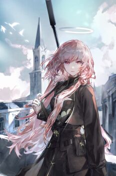 Rule 34 | 1girl, 6188438, absurdres, arknights, black dress, black jacket, breasts, building, chinese commentary, closed mouth, cloud, commentary request, cowboy shot, day, dress, gun, halo, hand up, highres, holding strap, jacket, lemuen (arknights), long hair, long sleeves, looking at viewer, missing wings, outdoors, pink eyes, pink hair, pouch, rifle, sky, sniper rifle, solo, standing, traditional halo, weapon, weapon on back, white halo