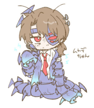 1boy abdomen_tail absurdres aedd_(e.g.o) alternate_costume antennae aqua_coat arthropod_boy arthropod_limbs artificial_eye bags_under_eyes beard_stubble black_vest blue_coat blue_horns brown_hair bruise bug bug_arm centipede_boy chibi closed_mouth coat collared_shirt dirty dirty_clothes dirty_face dress_shirt e.g.o_(project_moon) electricity expressionless extra_arms extra_eyes eyepatch facial_hair formal_clothes full_body glasses gradient_coat gregor_(project_moon) hair_between_eyes hair_intakes hand_up highres horns injury jacket jitome lamia_boy lapels lily26983455 limbus_company long_coat long_hair long_sleeves looking_at_viewer looking_to_the_side low_ponytail male_focus mechanical_eyes monster_boy nail_(hardware) nails necktie notched_lapels object_head official_alternate_costume open_clothes open_coat parted_bangs photoshop_(medium) ponytail project_moon prosthetic_head red_eyes red_necktie scales shirt shock_centipede_(project_moon) simple_background single_mechanical_eye sleeves_rolled_up solo standing stubble suit tail taur torn_clothes torn_coat torn_shirt upper_body vest white_background white_shirt