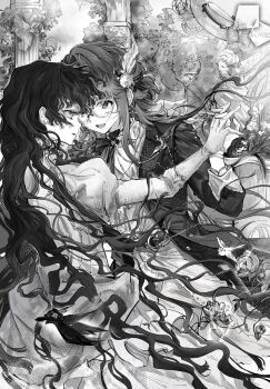 Rule 34 | 2girls, :d, artist request, bush, coat, commentary request, commission, dress, eye contact, face-to-face, feather hair ornament, feathers, floating hair, glasses, gloves, gown, greyscale, hair ornament, highres, holding hands, interlocked fingers, isolde (reverse:1999), juliet sleeves, kakania (reverse:1999), kakania (seminars on serenity) (reverse:1999), long hair, long sleeves, looking at another, monochrome, multiple girls, official alternate costume, open mouth, pillar, profile, puffy sleeves, reverse:1999, round eyewear, second-party source, shirt, smile, statue, yuri