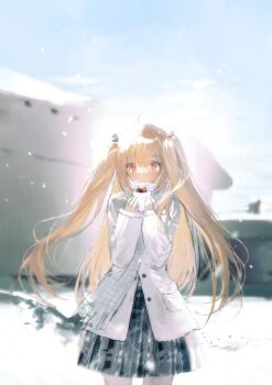 1girl absurdres ahoge alternate_costume atri atri-my_dear_moments- backlighting black_ribbon black_skirt blue_sky blurry blurry_background brown_hair chinese_commentary coat commentary_request cowboy_shot day finn_zoey floating_hair grey_scarf hair_ribbon hands_up highres long_hair looking_at_viewer outdoors parted_lips pleated_skirt red_eyes ribbon scarf sidelocks skirt sky sleeves_past_wrists snowing solo straight_hair two_side_up very_long_hair white_coat winter