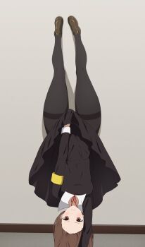 1girl black_dress black_pantyhose blush breasts brown_eyes brown_footwear brown_hair collared_dress coro_fae covering_crotch covering_privates dress handstand highres iino_miko kaguya-sama_wa_kokurasetai_~tensai-tachi_no_renai_zunousen~ long_hair long_sleeves looking_at_viewer lycoris_challenge_(meme) lycoris_recoil medium_breasts meme one_arm_handstand pantyhose parody pleated_dress scene_reference school_uniform shuuchiin_academy_school_uniform socks thick_thighs thighband_pantyhose thighs upside-down