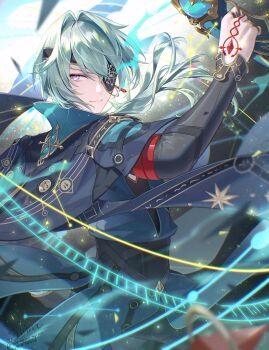 1boy absurdres anaxa_(honkai:_star_rail) black_shirt black_sleeves blue_capelet blue_eyes capelet commentary constellation cowboy_shot eyepatch frown green_hair hand_tattoo highres honkai:_star_rail honkai_(series) long_sleeves looking_at_viewer magic male_focus multicolored_eyes noes pink_eyes ponytail shirt simple_background solo star_(symbol) tattoo two-tone_eyes white_background