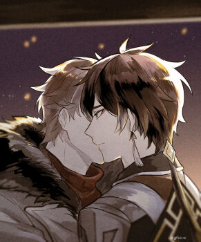 Rule 34 | 2boys, from side, genshin impact, gils3105, highres, image sample, jacket, kiss, kissing cheek, multiple boys, night, pixiv, pixiv sample, sky, tartaglia (genshin impact), winter clothes, yaoi, zhongli (genshin impact)