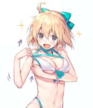 1girl adjusting_clothes adjusting_swimsuit ahoge aqua_bow bikini blonde_hair blush bow breasts cleavage fate/grand_order fate_(series) half_updo lowres mogullaz okita_j._souji_(fate) okita_souji_(fate) solo sparkle sweat swimsuit white_background white_bikini