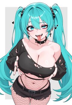 1girl absurdres aqua_eyes aqua_hair black_collar black_shirt black_shorts breasts collar commentary commission cropped_shirt cross cross_earrings earrings english_commentary fish fishnet_pantyhose fishnets forked_tongue goth_fashion grabbing_own_breast hair_between_eyes hatsune_miku highleg highleg_panties highres jewelry large_breasts long_hair looking_at_viewer moursho navel open_mouth panties panty_straps pantyhose piercing sharp_teeth shirt short_shorts shorts simple_background single_off_shoulder solo spiked_collar spikes teeth tongue tongue_out tongue_piercing torn_clothes torn_shirt torn_shorts twintails underwear very_long_hair vocaloid
