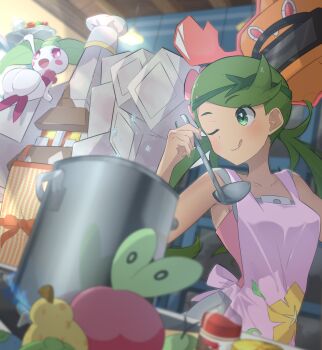 1girl ;q absurdres applin apron berry_(pokemon) blurry blurry_foreground bottle closed_mouth collarbone commentary_request cooking_pot garganacl gen_4_pokemon gen_7_pokemon gen_8_pokemon green_eyes green_hair highres holding holding_ladle ladle long_hair mallow_(pokemon) nintendo one_eye_closed pokemon pokemon_(creature) pokemon_sm purple_apron rotom rotom_(heat) shadow smile steenee suborofu swept_bangs tongue tongue_out twintails
