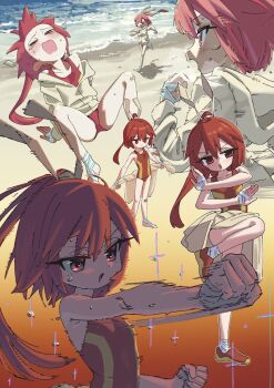 &gt;_&lt; 1girl aden_(game) bandaged_foot bandaged_hand bandages bare_legs bare_shoulders barefoot beach bouen breath brown_eyes clothes_around_waist commentary commission exercising flat_chest full_body hair_between_eyes hood hoodie jacket jacket_around_waist kijuume_tagane motion_lines multiple_views ocean one-piece_swimsuit petite ponytail punching red_hair red_one-piece_swimsuit running seaside second-party_source shoes skeb_commission sneakers spread_legs standing standing_on_one_leg sweat swimsuit two-tone_one-piece_swimsuit yellow_hoodie yellow_one-piece_swimsuit