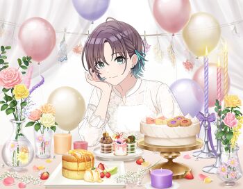 1girl aqua_eyes asakura_toru balloon blue_bow blueberry bow brown_hair candle cookie earrings flower food fruit happy_birthday honey idolmaster idolmaster_shiny_colors jewelry kiwi_(fruit) official_art rose see-through_clothes shirt short_hair smile solo strawberry white_flower white_rose white_shirt