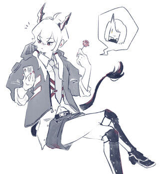 2girls ahoge arknights candy cellphone ch'en_(arknights) commentary_request crossed_legs dragon_girl dragon_horns dragon_tail food holding holding_candy holding_food holding_lollipop holding_phone hood hooded_jacket horns hoshiguma_(arknights) jacket lollipop low_twintails monochrome mugioec multiple_girls navel necktie phone red_eyes shirt shorts simple_background single_horn sitting smartphone spoken_character tail twintails white_background