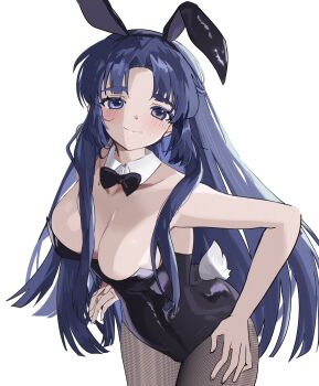Rule 34 | 1girl, absurdres, alternate costume, animal ears, asakura ryoko, black bow, black bowtie, black leotard, blue eyes, blue hair, bow, bowtie, breasts, closed mouth, detached collar, fake animal ears, fake tail, highres, large breasts, leotard, long hair, parted bangs, playboy bunny, pollonia, rabbit ears, rabbit tail, simple background, smile, solo, standing, strapless, strapless leotard, suzumiya haruhi no yuuutsu, tail, very long hair, white background