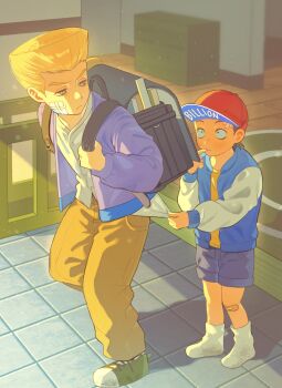 2boys backpack bag bandaid bandaid_on_knee bandaid_on_leg baseball_cap black_hair blonde_hair brothers child diamond_wa_kudakenai finger_to_mouth flattop gauze gauze_on_cheek hat highres indoors jacket jojo_no_kimyou_na_bouken letterman_jacket long_sleeves male_focus multiple_boys nijimura_keicho nijimura_okuyasu open_clothes open_jacket pants pulling_another&#039;s_clothes purple_jacket purple_shorts rr8560 shirt short_hair shorts siblings socks tall_hair white_shirt white_socks yellow_pants yellow_shirt