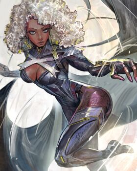 Rule 34 | 1girl, absurdres, afro, bodysuit, breasts, dark-skinned female, dark skin, grey eyes, highres, large breasts, marvel, storm (x-men), subakeye, superhero costume, white hair, x-men
