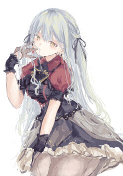 1girl absurdres bang_dream! bang_dream!_it&#039;s_mygo!!!!! black_ribbon black_skirt blue_hair braid commentary gloves grey_gloves hair_in_own_mouth hair_ribbon highres latte_bf long_hair looking_at_viewer oblivionis_(bang_dream!) red_shirt ribbon shirt sidelocks simple_background skirt solo togawa_sakiko white_background yellow_eyes