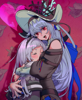 2girls arknights bird black_dress black_hat blue_nails blush closed_eyes clothing_cutout commentary_request dress grey_hair hairband hat head_wings heart highres hug irene_(arknights) long_hair long_sleeves matsuba_(mtbsbr721) multiple_girls nail_polish official_alternate_costume open_mouth partial_commentary red_eyes shark sharp_teeth shoulder_cutout smile specter_(arknights) specter_the_unchained_(arknights) teeth wings witch_hat yuri