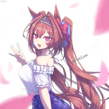 Rule 34 | 1girl, \||/, absurdres, animal ears, antenna hair, artist name, bare shoulders, blue skirt, blush, bow, breasts, brown hair, casual, cherry blossoms, commentary request, daiwa scarlet (casual) (umamusume), daiwa scarlet (umamusume), falling petals, frilled shirt, frills, hair between eyes, hair bow, hair intakes, hair ornament, hand up, highres, horse ears, horse girl, horse tail, kasei ovo, large breasts, long hair, looking at viewer, off-shoulder shirt, off shoulder, open mouth, petals, pink petals, red bow, red eyes, shirt, skirt, smile, solo, tail, tiara, twintails, umamusume, upper body, white shirt