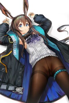 1girl absurdres amiya_(arknights) animal_ears aqua_eyes arknights arms_up ascot black_coat breasts brown_hair brown_pantyhose censored center_frills chinese_commentary closed_mouth coat commentary commentary_request crotch_seam english_commentary frilled_shirt frills hair_between_eyes highres irvinetope jewelry large_variant_set long_hair long_sleeves looking_at_viewer lying medium_breasts mixed-language_commentary mosaic_censoring no_panties no_pants on_back open_clothes open_coat pantyhose purple_ascot pussy rabbit_ears rabbit_girl rabbit_tail ring shirt simple_background sleeveless sleeveless_shirt solo straight_hair tail variant_set white_background white_shirt