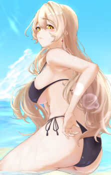 1girl absurdres armpits ass bare_arms bikini black_bikini blonde_hair blue_sky blush breasts cowboy_shot day earrings eyelashes from_behind hair_between_eyes hand_on_own_hip hashtag-only_commentary highres jewelry large_breasts lens_flare lips long_hair looking_back nijisanji nui_sociere outdoors parted_lips side-tie_bikini_bottom sideboob sitting sky solo swimsuit turning_head very_long_hair virtual_youtuber water wet yamaotoko yellow_eyes