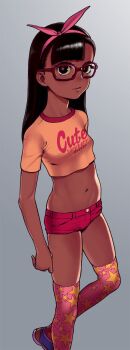 1girl black_eyes black_hair breasts commentary_request crop_top dark-skinned_female dark_skin expressionless glasses highres hijiri_rei long_hair looking_at_viewer navel original short_shorts shorts small_breasts solo thighhighs