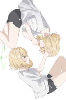 2girls :o ^_^ absurdres alternate_costume alternate_hairstyle black_shorts blonde_hair blue_archive blunt_bangs blush casual clenched_hand closed_eyes closed_mouth commentary dolphin_shorts facing_another feet_out_of_frame from_above green_eyes green_halo hair_down halo hand_on_another&#039;s_head hand_up highres ixia559 knee_up looking_at_another lying medium_hair midori_(blue_archive) momoi_(blue_archive) multiple_girls no_halo on_side open_mouth shirt short_sleeves shorts siblings simple_background single_bare_shoulder sisters smile straight_hair t-shirt twins white_background white_shirt wide_sleeves