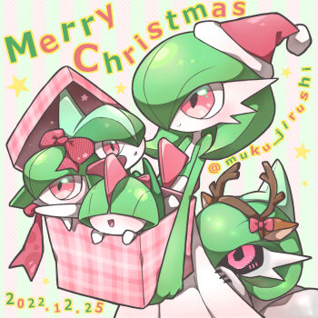 antlers bad_id bad_pixiv_id bow colored_skin dated dress evolutionary_line fake_antlers gallade gardevoir gen_3_pokemon gen_4_pokemon gift green_skin hat highres horns iron_valiant kirlia merry_christmas muku_jirushi multicolored_skin nintendo pink_eyes pokemon pokemon_(creature) ralts red_bow reindeer_antlers robot santa_hat star_(symbol) two-tone_skin white_dress white_skin