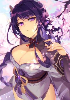 1girl alnyak blue_pupils blunt_bangs braid breasts bridal_gauntlets cherry_blossoms cleavage closed_mouth commentary_request dappled_sunlight genshin_impact gradient_hair hair_ornament head_tilt highres huge_breasts japanese_clothes kimono korean_commentary lingerie long_braid mitsudomoe_(shape) mole mole_under_eye multicolored_eyes multicolored_hair neck_ribbon outdoors purple_eyes purple_hair purple_kimono raiden_shogun red_ribbon ribbon sash shade single_braid sky solo streaked_hair sunlight thick_thighs thighs tomoe_(symbol) tree tree_shade underwear upper_body