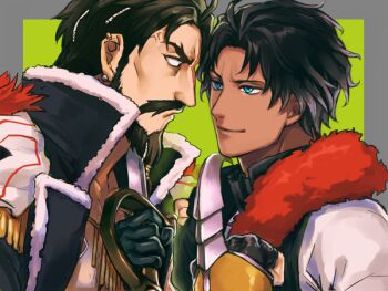 01rosso 2boys bartholomew_roberts_(fate) beard black_coat black_hair blue_eyes border claw_(weapon) closed_mouth coat collarbone earrings edward_teach_(fate) edward_teach_(third_ascension)_(fate) facial_hair fate/grand_order fate_(series) fur-trimmed_coat fur_trim green_background grey_border holding holding_sword holding_weapon jewelry lightning_glare male_focus mature_male multiple_boys mustache short_hair sword sword_to_throat veiny_face weapon