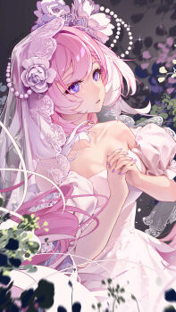 1girl absurdres ai_dongdong bare_shoulders breasts bridal_veil diamond-shaped_pupils diamond_(shape) dress elysia_(herrscher_of_human:_ego)_(honkai_impact) elysia_(honkai_impact) flower highres honkai_(series) honkai_impact_3rd large_breasts long_hair own_hands_together pink_hair purple_eyes solo symbol-shaped_pupils veil very_long_hair white_dress