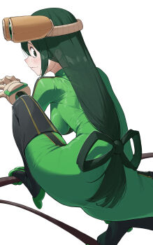 Rule 34 | 1girl, ass, asui tsuyu, asui tsuyu (hero outfit), black eyes, blush, bodysuit, boku no hero academia, breasts, cable, frog girl, from behind, gloves, goggles, goggles on head, green bodysuit, green hair, hair rings, highres, large breasts, long hair, looking at viewer, looking back, low-tied hair ring, low-tied long hair, nmm, simple background, smile, solo, superhero costume, white background, white gloves