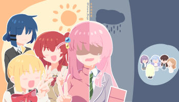 6+girls bang_dream! bang_dream!_it's_mygo!!!!! blush_stickers bocchi_the_rock! chihaya_anon cloud commentary_request gotoh_hitori grey_background haihara_yuuya hairclip highres long_hair multiple_girls no_eyes open_mouth orange_background parallel_hairclips pink_hair rain simple_background sun