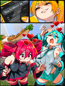 3girls akita_neru aqua_hair aqua_nails aqua_necktie arm_tattoo armpits baguette black_shirt black_skirt block_(minecraft) blonde_hair bread breasts cellphone choppy_bangs collared_shirt commentary detached_sleeves english_commentary english_text evil_grin evil_smile food from_below gameplay_mechanics grey_shirt grin hatsune_miku head_bump heart heart-shaped_pupils highres hitting holding holding_phone kasane_teto kasane_teto_(utau) medium_breasts minecraft miniskirt motion_blur multiple_girls necktie pain phone pixel_art pleated_skirt red_hair ringlets shirt skirt small_breasts smartphone smile smirk snegovski spring_onion sweat sweatdrop symbol-shaped_pupils tattoo thighhighs thighs triple_baka_(group) utau vocaloid wavy_mouth yellow_eyes yuri