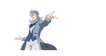 Rule 34 | 1boy, absurdres, ascot, black clover, black clover m: rise of the wizard king, blue ascot, blue vest, braid, collared shirt, grey hair, grey jacket, hair between eyes, highres, incredibly absurdres, jacket, looking at viewer, male focus, medium hair, non-web source, nozel silva, official alternate costume, official art, open clothes, open jacket, open mouth, pants, purple eyes, shirt, simple background, solo, transparent background, tuxedo jacket, vest, white pants, white shirt