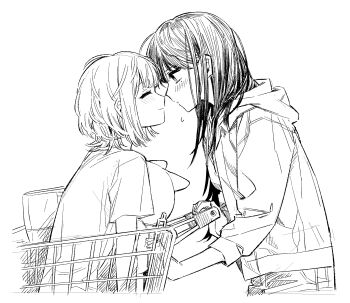 2girls absurdres bang_dream! bang_dream!_it's_mygo!!!!! blush closed_eyes closed_mouth commentary_request greyscale highres imminent_kiss in_shopping_cart kaname_raana korean_commentary long_hair monochrome multiple_girls neonfloyd shiina_taki shopping_cart short_hair yuri