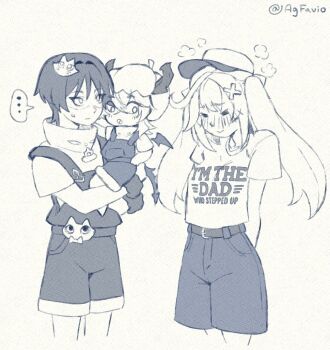 1girl 2boys aged_down agfavio alternate_costume arms_behind_back baseball_cap belt belt_buckle blunt_ends blush breasts buckle carrying casual cat_hair_ornament child child_carry closed_mouth collarbone contemporary cowlick cropped_legs crossed_bangs detached_wings double-parted_bangs dragon_boy dragon_horns dragon_tail dragon_wings embarrassed english_text facing_down family faruzan_(genshin_impact) fur_wrist_cuffs genshin_impact greyscale hair_between_eyes hair_intakes hair_ornament hat highres horns long_hair looking_at_another looking_down matching_outfits medium_breasts mini_durin_(genshin_impact) mini_durin_(human)_(genshin_impact) monochrome multiple_boys official_alternate_costume open_mouth overalls scaramouche_(genshin_impact) shaded_face shirt short_sleeves shorts sidelocks spiked_tail steam tail tongue twintails twitter_username undershirt wanderer_(genshin_impact) white_background wings wispy_bangs wrist_cuffs x_hair_ornament