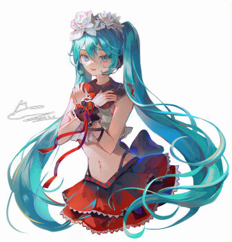 1girl absurdres aqua_eyes aqua_hair bare_shoulders black_wrist_cuffs bow collar commentary_request cowboy_shot crop_top cropped_torso crossed_arms dated eyelashes fang flower frilled_collar frilled_shirt frilled_skirt frilled_wrist_cuffs frills hair_between_eyes hair_flower hair_ornament hands_up hatsune_miku hatsune_miku_(bless_you) headset high-waist_panties highres layered_skirt long_hair looking_at_viewer lower_teeth_only memory_mie midriff nail_polish navel nisoku_hokou_(vocaloid) open_mouth red_bow red_nails red_skirt rose shirt sidelocks signature simple_background skirt solo teeth twintails very_long_hair vocaloid white_background white_flower white_rose white_shirt wrist_cuffs