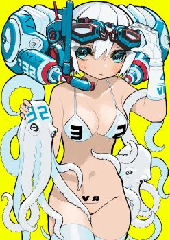 1girl animal aqua_eyes bikini bikini_top_only bottomless breasts cleavage cowboy_shot gloves goggles goggles_on_head hair_between_eyes highres holding holding_animal machine machinery medium_breasts muzinneki navel octopus original print_bikini simple_background single_glove snorkel solo sweatdrop swimsuit thighhighs white_bikini white_gloves white_hair white_thighhighs yellow_background