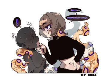 Rule 34 | !, 1girl, 1other, animal ears, blue-ringed octopus, breasts, commentary, crop top, english commentary, faceless, glasses, highres, midriff, monster girl, nail polish, ny 000a, purple eyes, scylla, short hair, tall female, tentacles, turtleneck