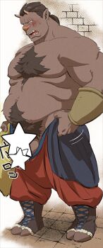 1boy bara big_belly blank_eyes blush boar_boy censored chest_tuft dressing dungeon_meshi embarrassed fat fat_man highres i&#039;ve_never_seen_a_guy_recreate_this_successfully_tbh_(meme) large_pectorals male_focus mature_male meme muscular muscular_male navel navel_hair open_pants orc pants pants_lift pectorals short_hair solo standing star_censor stomach testicles thick_navel_hair topless_male tusks zoku_bu zon_(dungeon_meshi)